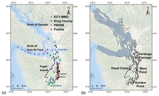 Figure 1. Maps of Salish Sea with location of observations, stations used for analysis, and model domain. (a) Location of observations from Puget Sound Regional Synthesis Model cruises (PRISM, pink diamonds), Washington State Department of Ecology Marine Monitoring Unit (ECY-MMU, green squares), King County Marine and Sediment Assessment Group (brown circles), and Padilla Bay NOAA National Estuarine Research Reserve System (black triangles). Some regions mentioned in the text are also shown. (b) Salish Sea Model (SSM) domain. The resolution of this unstructured grid ranges from 60 m in narrow inlets to ~3 km near the mouth of the Juan de Fuca Strait. Stars indicate the four stations used for analysis: Gordon Point, West Point, Hood Canal, and Saratoga Passage. DOI: https://doi.org/10.1525/elementa.151.f1