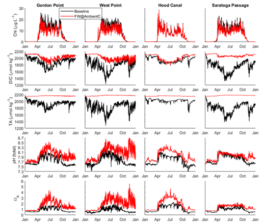 Figure 7. Time series of sensitivity experiments for the surface layer at four stations. Time series of surface values at four stations (columns) and five variables (rows) for two experiments: Baseline (black) and Freshwater at Ambient Concentrations (FW@AmbientC, red). Experiments are shown for the first year (spin-up time) so that all simulations start with identical values. The five variables shown are chlorophyll (μg L–1), DIC (μmol kg–1), TA (μmol kg–1), pH (total scale) and ΩA. All carbonate-system variables showed a strong response to freshwater loadings at seawater ambient concentrations. DOI: https://doi.org/10.1525/elementa.151.f7