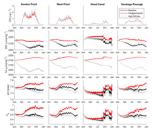 Figure 8. Time series of sensitivity experiments for the bottom layer at four stations. Time series of bottom values at four stations (columns) and five variables (rows) for three experiments: Baseline (black), Freshwater at Ambient Concentrations (FW@AmbientC, red), and High DICobc (gray). Experiments are shown for the first year (spin-up time) so that all simulations start with identical values. The five variables shown are chlorophyll (μg L–1), DIC (μmol kg–1), TA (μmol kg–1), pH (total scale) and ΩA. The FW@AmbientC experiment showed the largest deviations with respect to the Baseline simulation. In the High DICobc experiment, changes in DIC by the end of the first year are approximately half of the changes imposed at the open boundary, and pH changes are even closer (~0.08 vs. 0.1 at the open boundary). DOI: https://doi.org/10.1525/elementa.151.f8