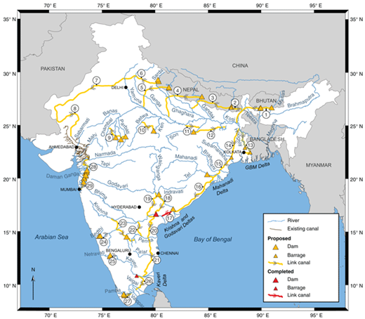 Figure 1. Proposed canals, dams and barrages associated with the NRLP. Canals, dams and barrages associated with the NRLP. Yellow indicates proposed and red indicates completed structures. Canal #17 (red) connecting the Krishna and Godavari rivers was completed in September 2015. Arrows indicate the direction of water transfer along the canals. Major river deltas in this study are labeled – the Ganges-Brahmaputra Meghna (GBM) in India/Bangladesh, and the Mahanadi, Krishna, Godavari and Kaveri deltas in India. The locations and attributes of all canals and dams are available as shapefiles and in .csv format in Supplementary Material. NWDA names for each canal are given in Table 1. DOI: https://doi.org/10.1525/elementa.269.f1