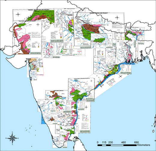 Figure 2. Geo-referenced NWDA maps. As part of database construction, 30 maps from published NWDA Feasibility Reports were geo-referenced in a GIS framework. Country and state borders, water bodies, cities/place names, and existing structures provided geo-referencing points. The maps were used in conjunction with written location descriptions in NWDA sources, Open Street Map extracts, Google Earth/Google Maps data, and other published sources to establish dam and link canal locations. DOI: https://doi.org/10.1525/elementa.269.f2