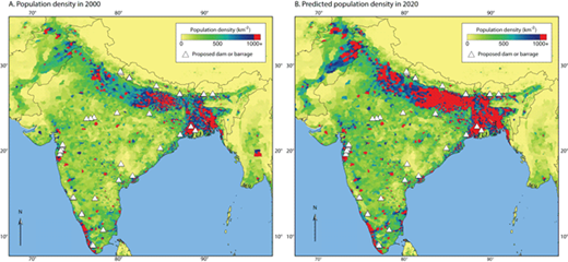 Figure 3. Scaling method for determining population displaced by dams. This figure illustrates the population density in 2000 and predicted population density in 2020 used to estimate displaced population with NRLP implementation (see text for methods). NRLP dams are shown as white triangles. DOI: https://doi.org/10.1525/elementa.269.f3