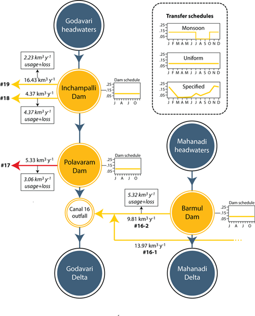 Figure 5. Schematic depiction of graph database calculations. This figure explains the structure of the graph database by depicting a portion of NRLP, containing the Mahanadi and Godavari rivers along with link canals 16–1, 16–2, 17, 18, and 19. Yellow structures are proposed and red structures are completed; canal 17 (red) was completed in 2015. Transfer volumes are properties of nodes; usage (domestic/industrial/agricultural) and losses (evaporation and seepage) are properties of canals. Transfer volumes are broken into annual transfer schedules, with a proportion of the annual total transferred each month according to source documents. Transfer schedules are monsoon (no transfer during the monsoon; uniform transfer during the dry season), uniform (regular transfers throughout the year), or specified (transfer volumes specified by the NWDA). Units are a proportion of the annual total, from 0–1. Losses and usage along the canals follow the transfer proportions. Impoundment at dam nodes occurs during monsoon months, except for dams in the Krishna basin, where a small amount of impoundment occurs year-round. To calculate changes in annual flow, annual water offtakes are transferred from donor nodes (dams) to receiving nodes (outfall points or dams) in a single step, with losses removed en route. All flow changes are then propagated to the deltas. For monthly calculations, 24 steps (12 transfers and 12 propagations) are performed. The database handles only changes associated with the NRLP; existing infrastructure is assumed to be reflected in current gauging station data values. DOI: https://doi.org/10.1525/elementa.269.f5