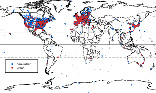 Figure 2. Sites in the TOAR-Surface Ozone database with urban sites (red) and non-urban sites (blue). Urban and non-urban sites based on warm season average ozone data for 2010–2014. See section 4.3 for TOAR site classifications. There are 1,453 urban sites, 3,348 non-urban sites and 4,801 sites in total. DOI: https://doi.org/10.1525/elementa.273.f2