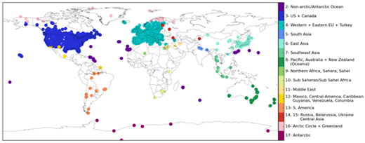 Figure 3. Ozone stations grouped into 15 world regions. These regions are based on TF-HTAP phase II source regions; see www.htap.org. HTAP region 1 (World) is not included in the TOAR regions and 14 and 15 are grouped together. DOI: https://doi.org/10.1525/elementa.273.f3