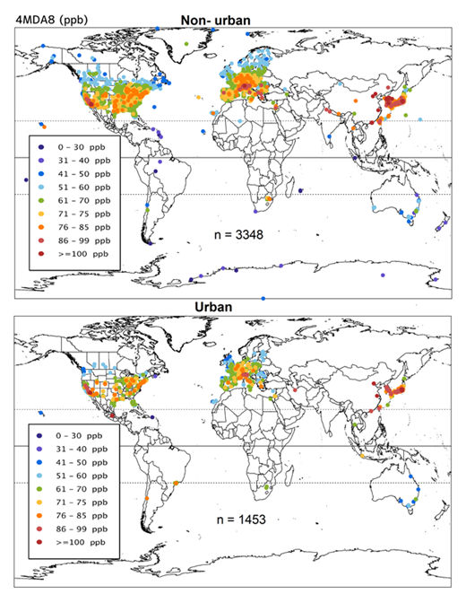 Figure 4a. Present day ozone (2010–2014 average) for 4MDA8 (ppb) for non-urban and urban sites. Sample sizes vary according to the data requirements for the calculation of each metric and are shown for each panel. Annual metrics requiring data from all 12 months have smaller sample sizes than the warm season metrics (April–September in the Northern Hemisphere) because many sites in the US only operate during April–September. DOI: https://doi.org/10.1525/elementa.273.f4a