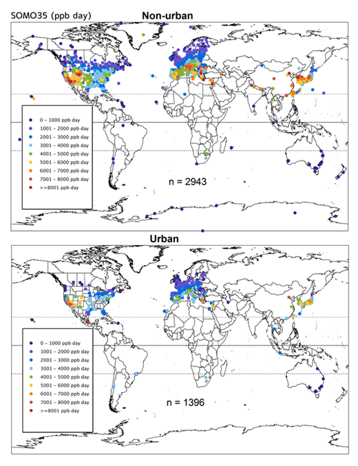 Figure 4c. Present day ozone (2010–2014 average) for SOMO35 (ppb day) for non-urban and urban sites. Sample sizes vary according to the data requirements for the calculation of each metric and are shown for each panel. Annual metrics requiring data from all 12 months have smaller sample sizes than the warm season metrics (April–September in the Northern Hemisphere) because many sites in the US only operate during April–September. DOI: https://doi.org/10.1525/elementa.273.f4c