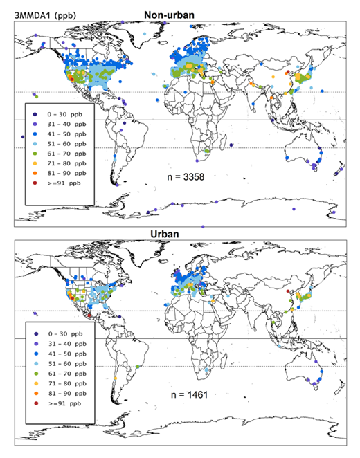 Figure 4d. Present day ozone (2010–2014 average) for 3MMDA1 (ppb) for non-urban and urban sites. Sample sizes vary according to the data requirements for the calculation of each metric and are shown for each panel. Annual metrics requiring data from all 12 months have smaller sample sizes than the warm season metrics (April–September in the Northern Hemisphere) because many sites in the US only operate during April–September. DOI: https://doi.org/10.1525/elementa.273.f4d