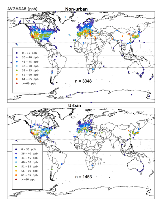 Figure 4e. Present day ozone (2010–2014 average) for AVGMDA8 (ppb) for non-urban and urban sites. Sample sizes vary according to the data requirements for the calculation of each metric and are shown for each panel. Annual metrics requiring data from all 12 months have smaller sample sizes than the warm season metrics (April–September in the Northern Hemisphere) because many sites in the US only operate during April–September. DOI: https://doi.org/10.1525/elementa.273.f4e
