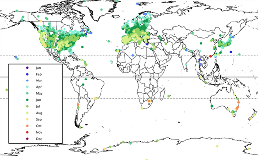 Figure 5. Month during which the peak of the 3MMDA1 metric occurs for 2010–2014. Month during which the 3MMDA1 metric peaks across 4819 global sites. DOI: https://doi.org/10.1525/elementa.273.f5