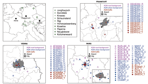 Figure 2. Location of airports and surface stations. The Figure displays a view of Europe with the 3 European airports and the GAW stations (top left panel) and a zoom on each city with the surface stations of the local air quality monitoring network (top right and bottom panels). Note that the grey area only delimits the borders of the city, not the borders of the agglomeration that extend further (in particular for Paris). DOI: https://doi.org/10.1525/elementa.280.f2