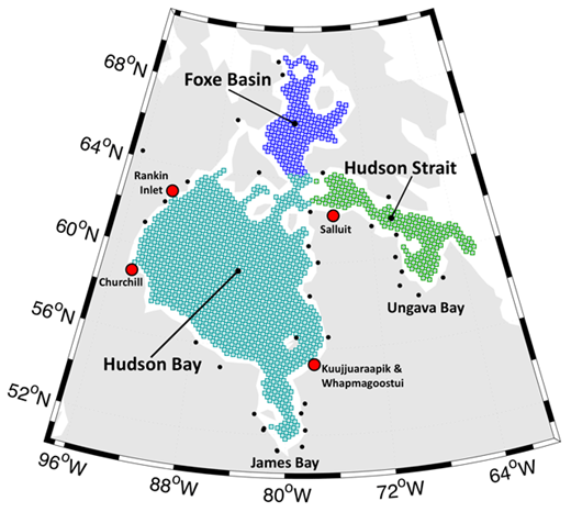 Figure 1. The study area. The marine waters of Hudson Bay, James Bay, Hudson Strait, and Foxe Basin in the eastern Canadian Arctic. Coloured squares show the approximate location of the 25 km × 25 km pixels of the sea ice dataset. The area was divided into three regions for further analysis: “Hudson Bay” (aqua – includes James Bay), Hudson Strait (green), and Foxe Basin (blue). The four communities whose local ice-timing was examined using Canadian Ice Service ice charts are indicated with red circles; the remainder of the communities in the area are indicated with black dots. DOI: https://doi.org/10.1525/elementa.281.f1
