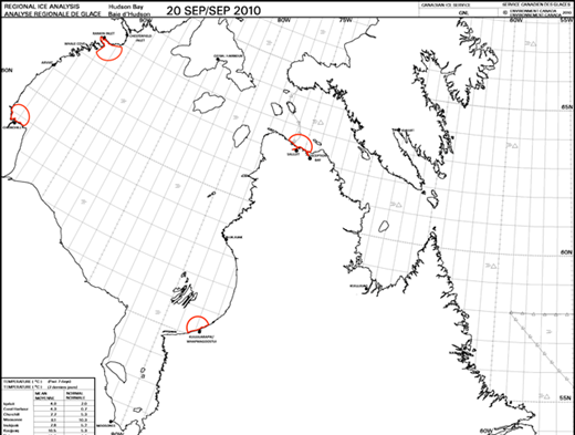 Figure 2. The community areas for local sea ice analysis. A modified Canadian Ice Service ice chart for the “Hudson Bay region” showing the area examined for Rankin Inlet, Churchill, Kuujjuarapik/Whapmagoostui, and Salluit (Deception Bay also marked). Modified from Government of Canada (2016). DOI: https://doi.org/10.1525/elementa.281.f2