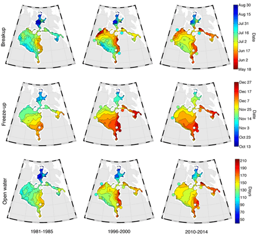 Figure 3. Median breakup, freeze-up, and open water for 1981–1985, 1996–2000, and 2010–2014. The timing (date) of breakup and freeze-up, and the length (days) of the open water season in the offshore waters (contoured data) and in the community areas for Churchill, Rankin Inlet, Kuujjuarapik/Whapmagoostui, and Salluit (coloured circles) based on the colour-scale bars. Five-year medians are shown for 1981–1985 (offshore only), 1996–2000, and 2010–2014. DOI: https://doi.org/10.1525/elementa.281.f3