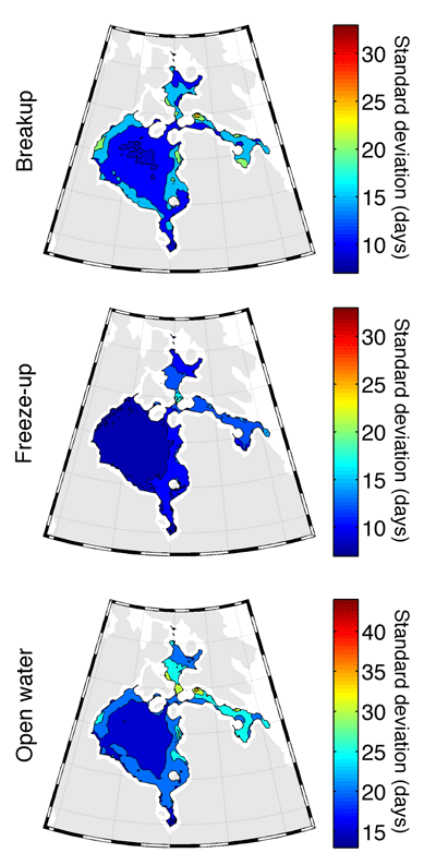 Figure 4. Median standard deviation in breakup, freeze-up, and open water timing for 1980–2014. The 1980–2014 median standard deviation (days) in offshore ice timing indicated for each pixel. DOI: https://doi.org/10.1525/elementa.281.f4