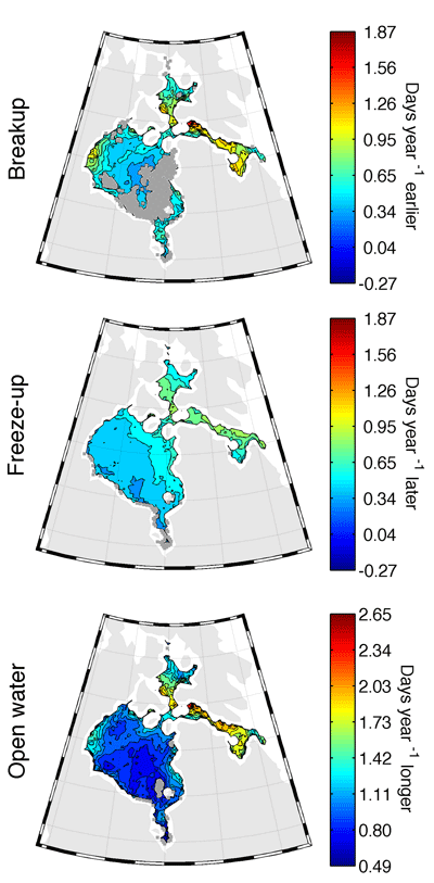 Figure 5. Trends in breakup, freeze-up, and open water timing for 1980–2014. The 1980–2014 trends (days year–1) in offshore ice timing from linear regression. Pixels with significant trends (p < 0.05) are shown in colour; all other pixels are shown in dark gray. DOI: https://doi.org/10.1525/elementa.281.f5