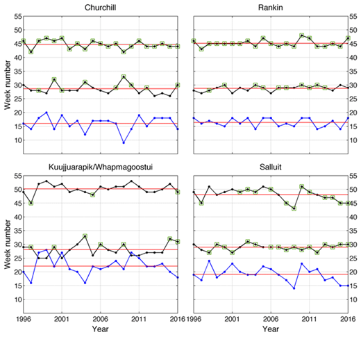 Figure 8. Breakup, freeze-up, and open water in the community areas for 1996–2016. The timing of open water conditions (ice concentration < 20%) for 1996–2016 in the four community areas. Black data depict the week of the year for breakup and freeze-up; blue data depict the number of weeks in the open water season. Green squares around data points indicate that there was a continuous channel of open water from the community area to the eastern edge of the study area at the time of breakup or freeze-up. Red lines show the average value for each 1996–2016 time series. DOI: https://doi.org/10.1525/elementa.281.f8