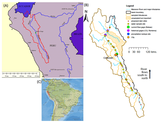 Figure 1. The study site spans 620 km of Peru’s Marañón River. (A) Regional location of study domain (red outline). (B) The Marañón River study domain including all sampling sites and proposed dam locations to date. Sampled subbasins (orange outlines) represent tributaries sampled for hydrochemistry, whereas the hatched Utcubamba basin is a major unsampled tributary, see Figure 2 for tributary names. Discharge gages are shown as green (operational) and purple (historical). Cellendin, the largest municipality, is also indicated (orange circle). The nearest Global Network of Isotopes in Precipitation (GNIP) precipitation isotope sampling sites are the Marcapomacocha site inland from Lima and the Puerta Almendres site below the Maranon-Ucayali confluence at Iquitos (blue dots on (A)). (C) Continental location of study domain (red outline). Basemap in (C) credit to National Geographic. DOI: https://doi.org/10.1525/elementa.290.f1