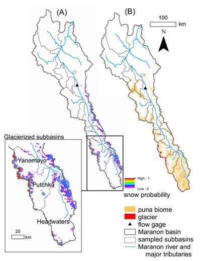Figure 6. Cryospheric inputs and puna biome in the Marañón basin. (A) Snow and ice cover throughout the study domain. Snow probabilities indicate limited snow presence only at the higher elevations. Inset: Glaciers are present in three high-elevation basins: Yanomayo, Putchka and the uppermost Marañón basins. (B) Substantial puna biome exists in the upper Marañón basin, defined here to be mild slopes less than 20° and between 3500 m and 4800 m. Puna biome raster data courtesy of Ochoa-Tocachi et al. (2016). DOI: https://doi.org/10.1525/elementa.290.f6
