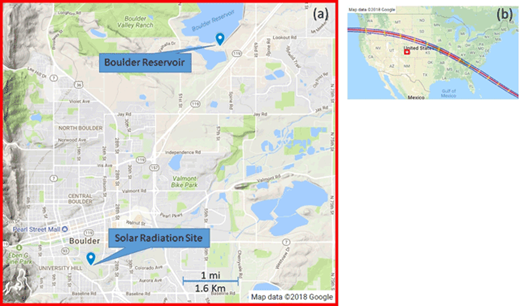 Figure 1. Top Right: Path of August 21, 2017, total solar eclipse, with the observation area indicated by the red square. Left: Study area, with the monitoring site at the Boulder Reservoir and the location of the solar radiation measurements on the University of Colorado, Boulder campus. (Map on left from https://www.google.com/maps/; map to the right from https://eclipse.gsfc.nasa.gov/SEgoogle/SEgoogle2001/SE2017Aug21Tgoogle.html.). Eclipse map/figure/table/predictions courtesy of Fred Espenak, NASA/Goddard Space Flight Center, from eclipse.gfsc.nasa.gov. DOI: https://doi.org/10.1525/elementa.322.f1