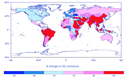 Figure 2. Relative change (%) in fossil fuel CO2 emissions per capita between 1995 and 2015. Negative numbers (blue shades) and positive numbers (red and pink color) indicate decrease or increase in CO2 emission, respectively. Data are taken from the Database for Global Atmospheric Research (EDGAR 4.2). Data deficient countries are shown in white. DOI: https://doi.org/10.1525/elementa.342.f2