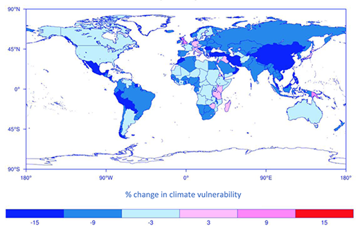 Figure 3. Relative change (%) in climate vulnerability score between 1995 and 2015. Negative numbers (blue colors) and positive (red and pink color) indicate reduction and increase in climate vulnerability, respectively. Data are taken from the Country Index of the Notre Dame Global Adaptation Index (NDGAIN). Data deficient countries are shown in white. DOI: https://doi.org/10.1525/elementa.342.f3