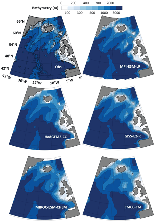 Figure 4. North Atlantic bathymetry from observations and in five representative CMIP5 models. Bathymetry from www.gebco.net. The five models were selected as having characteristic biases, as discussed in the text (see “The impact of resolution”). DOI: https://doi.org/10.1525/elementa.354.f4