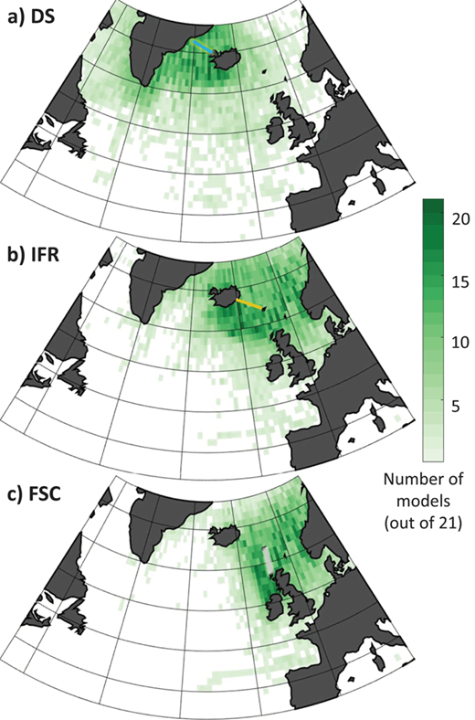 Figure 5. Source region of the water that flows through the Greenland-Scotland ridge in climate models. For each grid cell, number of models for which the water from that cell eventually flows through Denmark Strait (DS, top), the Iceland-Faroe ridge (IFR, middle) or the Faroe-Scotland channel (FSC, bottom) during 1986–2005 (see Methods and Figure S1). DOI: https://doi.org/10.1525/elementa.354.f5