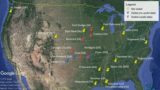 Figure 1. Map of NG-based ammonia fertilizer plants in the U.S. A Google Earth representation of NG-based ammonia fertilizer plants in the U.S that were operating in 2015–2016. DOI: https://doi.org/10.1525/elementa.358.f1