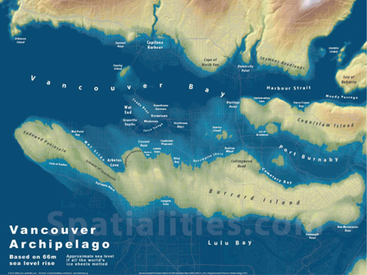 Figure 1. The Vancouver Archipelago. To artistically visualize what sea level rise might do to the Canadian city of Vancouver, designer Jeffrey Linn used GIS mapping to combine land survey data with a projection of a 66 meter increase. Such a rise might occur if the planet’s ice sheets (eg. in Greenland and Antarctica) melted fully, which would not occur for hundreds of years or millennia under current warming trends. This is an ostensibly extreme scenario, in that the latest Intergovernmental Panel on Climate Change assessment suggests a mean rise ranging between 60 centimeters and 74 centimeters by the year 2100 according to a number of greenhouse gas emission scenarios. The IPCC has done some analysis of long-range trends as well. Even in the high contribution scenario (ie. thermal expansion, melting of glaciers, Antartic icesheet melting, and Greenland icesheet melting taking place at very high rates), sea level is projected to rise by only 1.51 to 6.63 meters by 2500. The IPCC, however, acknowledges that its assessment contains numerous uncertainties. Many scientists believe that the IPCC estimates are too conservative and it is likely that icesheet melting will be non-linear and disruptive. Credit: Jeffrey Linn, Spatialities. DOI: https://doi.org/10.1525/elementa.364.f1