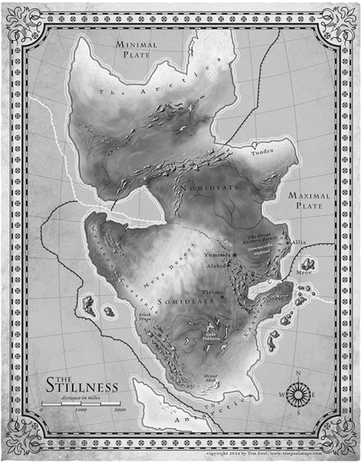 Figure 2. The Still Geography. This map represents the Still supercontinent on which the Broken Earth trilogy is set. It depicts the few major cities, key regions, tectonic plates, and islands of the Still. Credit: Tim Paul for N.K. Jemisin. DOI: https://doi.org/10.1525/elementa.364.f2
