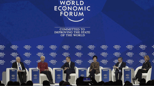Figure 7. A session at the 2018 meeting of the World Economic Forum in Davos, Switzerland. The forum is well-known for the numerous elite figures in international institution, government, business, and academia circles who attend each year to discuss a range of topics regarding the planet’s economic state. In recent years, the Davos Forum has begun to consider climate change and other sustainability concerns. Nonetheless, participants continue to be drawn from a fairly narrow spectrum of interests that hardly represent the full diversity of peoples on Earth. Credit: Al Jazeera. DOI: https://doi.org/10.1525/elementa.364.f7