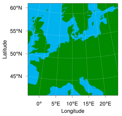 Domain of study. Model domain applied in WRF-Chem simulations, set over Western Europe and fully covering the countries under examination, Germany and the UK. DOI: https://doi.org/10.1525/elementa.387.f1