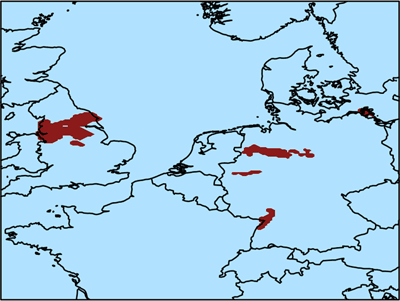 Shale gas basin areas. The basins (maroon) for the UK and Germany represent the areas over which scenario emissions were averaged by country. Corresponding emission fluxes were added to the basin masks and run in scenario simulations with WRF-Chem. Basin areas are based on reports by national institutions, i.e., BGS (UK) and BGR (Germany) (BGR, 2016; BGS, 2013). DOI: https://doi.org/10.1525/elementa.387.f4