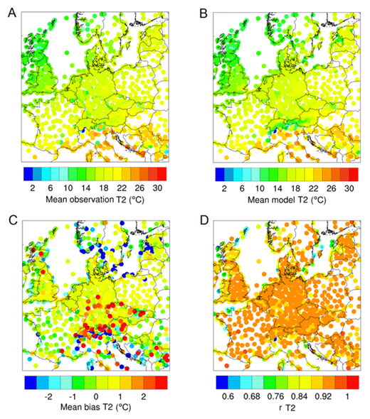 Seasonal average (JJA) 2m temperature (T2) spatial distribution statistics. Model values and statistics: (A) mean observation, (B) mean model, (C) mean bias, and (D) temporal correlation coefficient, are shown at the location of the observations. Results for means and MB are in °C, while r is unitless. DOI: https://doi.org/10.1525/elementa.387.f5