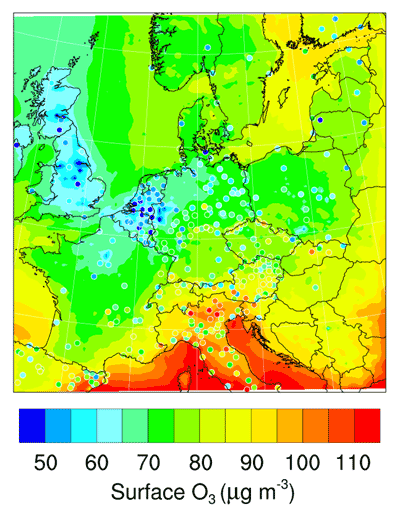 Seasonal surface-averaged O3. Contours are modeled values and dots represent observational values measured at station locations, over JJA, in units of μg m–3. DOI: https://doi.org/10.1525/elementa.387.f6