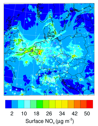 Seasonal surface-averaged NOx. Contours are modeled values and dots represent observational values measured at station locations, over JJA, in units of μg m–3. DOI: https://doi.org/10.1525/elementa.387.f8