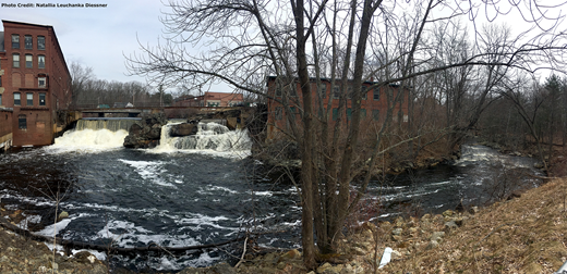 Downstream view of the Gonic Dam on April 6, 2018 (located in Gonic, New Hampshire). Photo credit: Natallia Leuchanka Diessner.