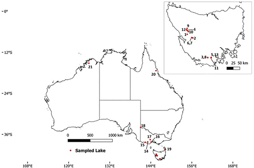 Locations sampled for pre-industrial background sediments. Insert shows zoomed in map of the state of Tasmania. 