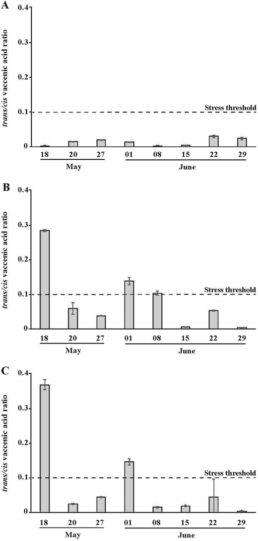 Time series of bacterial osmotic stress signals in sea ice and sinking particles. Time series of trans/cis ratios in (A) the bottom (0–3 cm) sea-ice section, and sinking particles collected at (B) 2 m and (C) 25 m from May 18 to June 29, 2016, at the sampling location in Davis Strait (Figure 1). The dashed line indicates the threshold stress value of 0.1 as defined by Guckert et al. (1986). Error bars correspond to standard deviation of the dimethyldisulphide (DMDS) derivative peak integration (see text; n = 3 for A, B, and C). DOI: https://doi.org/10.1525/elementa.076.f5