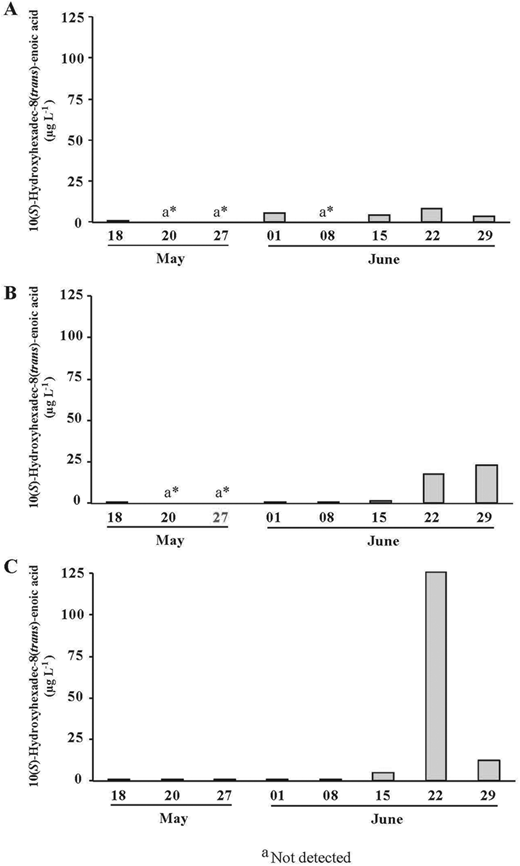Time series of free fatty acid stress signals in sea ice and sinking particles. Time series of 10(S)-Hydroxyhexadec-8(trans)-enoic acid concentration in (A) the bottom (0–3 cm) sea-ice section and in sinking particles collected at (B) 2 m and (C) 25 m from May 18 to June 29, 2016, at the sampling location in Davis Strait (Figure 1); a* indicates not detected. DOI: https://doi.org/10.1525/elementa.076.f7