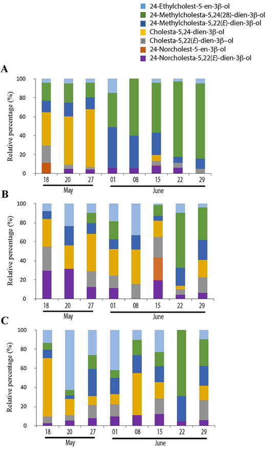 Time series of the Δ5-sterol composition in sea ice and sinking particles. Time series of the relative Δ 5-sterol composition in (A) the bottom (0–3 cm) sea-ice section and in sinking particles collected at (B) 2 m and (C) 25 m from May 18 to June 29, 2016, at the sampling location in Davis Strait (Figure 1). Sterols depicted are sitosterol (24-ethylcholest-5-en-3β-ol (pale blue), 24-methylenecholesterol (24-methylcholesta-5,24(28)-dien-3β-ol, green), brassicasterol (24-methylcholesta-5,22(E)-dien-3β-ol, dark blue), desmosterol (cholesta-5,24-dien-3β-ol, yellow), cholesta-5,22(E)-dien-3β-ol (gray), 24-norcholest-5-en-3β-ol (orange), and 24-norcholesta-5,22(E)-dien-3β-ol (purple).