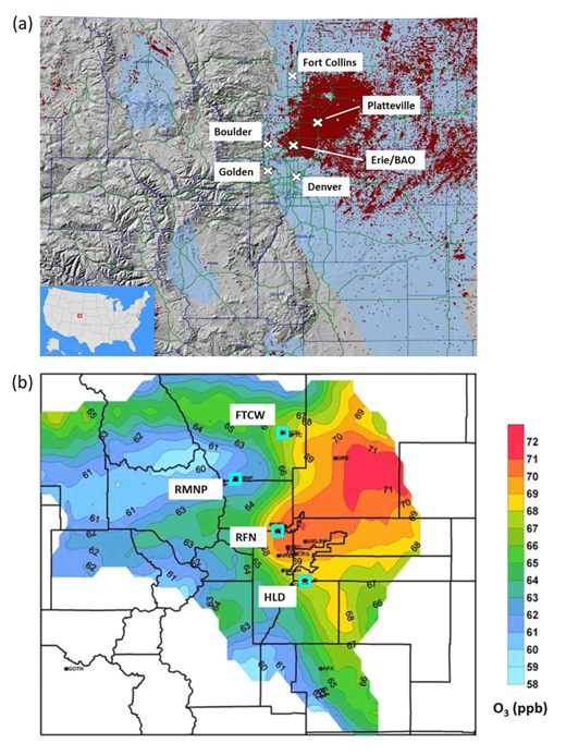 Figure 3. Comparison of geographical distribution of O&NG well locations with elevated ozone source region. (a) The Colorado Northern Front Range with major urban cities Fort Collins, Boulder, and Denver, as well as the study sites Boulder Atmospheric Observatory (BAO) in Erie and Platteville that are mentioned in the text. Active oil and gas wells are indicated by red dots (map from by Colorado Oil and Gas Conservation Commission website, https://cogcc.state.co.us/#/home). The map area matches the geographical area depicted in (b). The inset in the bottom left corner shows as a red rectangular the approximate location of the map area within the State of Colorado. (b) Source footprint analysis for elevated ozone measured at the four indicated monitoring sites. This figure is a reproduction of Figure 3–13 from the DMA and North Front Range 8-Hour Ozone State Implementation Plan [CDPHE, 2008]. The color contours are the results of a correlation analysis of ozone measured at the four surface size with HYSPLIT back trajectories. The contours display “… the mean May 17–August 15, 2006, Front Range daily maximum 8-hour ozone concentrations resulting from transport from given source areas. These are the average concentrations that result at these four monitors when an air mass originates in a given area.” [CDPHE, 2008]. The four ozone monitoring locations (squares) are Fort Collins West (FTCW), Rocky Mountain National Park (RMNP), Rocky Flats North (RFN), and Highland (HLD). DOI: https://doi.org/10.1525/elementa.398.f4