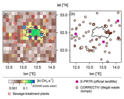 Figure 2. CH4 emissions from sewage-treatment plants and illegal landfills. (a) Sewage-treatment plants (MLUL, 2017) are sized according to their population equivalent and superimposed on the EDGAR v5.0 waste water CH4 emission map. (b) Illegal waste deposits (CORRECTIV, 2016) are sized according to the amount of deposited waste (ranging from 0.06 to 416 kt of waste). Official landfills listed in E-PRTR are not sized. DOI: https://doi.org/10.1525/elementa.411.f2