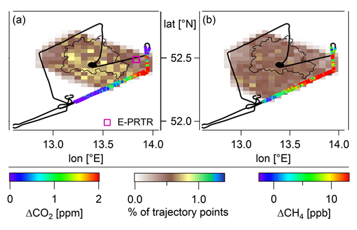 Figure 6. CO2 and CH4 footprint of July 20th. Footprint corresponding to a grid box of 0.03° × 0.065° for (a) the CO2 and (b) the CH4 plume detected on July 20th. The purple marker in panel (a) indicates the location of three point sources from E-PRTR, which are located within a 1 km radius next to each other. DOI: https://doi.org/10.1525/elementa.411.f6