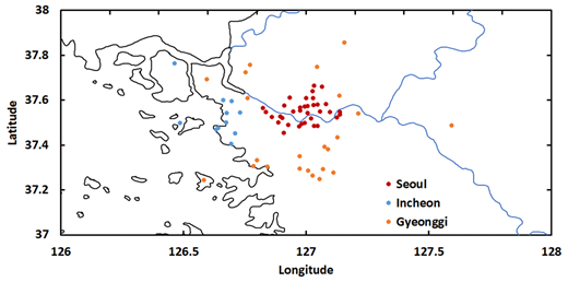 Figure 4. Locations of AirKorea sites in the SMA divided into three sectors: Seoul City, Incheon, and Gyeonggi. DOI: https://doi.org/10.1525/elementa.424.f4