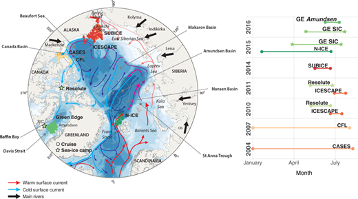 Figure 1. Location and sampling periods of the cruises (circles) and sea-ice camps (stars). Shown are the dominant Arctic Ocean currents with inflowing relatively warm surface currents (red arrows) and colder surface currents (light blue arrows), together with intermediate and deep currents (burgundy and dark blue arrows, respectively; modified from Anderson and Macdonald, 2015). Black arrows indicate the main river inputs. DOI: https://doi.org/10.1525/elementa.430.f1