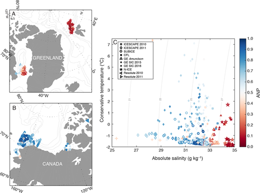 Figure 5. Atlantic- versus Pacific-derived waters sampled during the different expeditions. (A–B) Maps of the expeditions and (C) temperature–salinity diagram (conservative temperature, °C; absolute salinity, g kg–1) showing the “Arctic N-P relationship” (ANP) at 20-m depth. ANP values close to 0 (1) suggest a water mass signature from the Atlantic (Pacific). Isopycnals σθ are in gray lines. DOI: https://doi.org/10.1525/elementa.430.f5