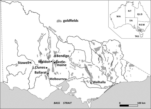 Figure 1. Map of Victoria showing principal goldfields and centres of pyrites processing. Gold deposits were mined across the Central and Eastern Highlands of Victoria from 1851. The principal population centres associated with the industry were Ballarat, Bendigo and Castlemaine. DOI: https://doi.org/10.1525/elementa.432.f1