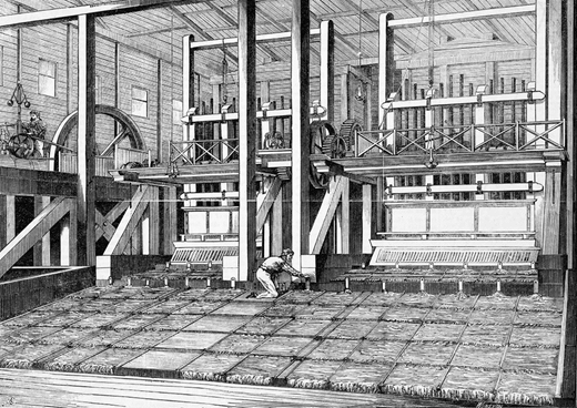 Figure 3. Stamp batteries and mercury amalgamation tables at the Port Phillip and Colonial Gold Mining Company. Stamp batteries crushed auriferous quartz to a fine sand, which was mixed with water to form a slurry. The water and sand slurry was forced through fine mesh screens and onto inclined wooden tables covered with copper sheets coated with mercury. The mercury caught and amalgamated the gold, which was periodically scraped off the sheets and retorted to collect the gold and recover the mercury for reuse. Mercury was also placed in troughs at the ends of the tables to capture more gold from the tailings. This engraving was prepared by C.E. Winston in 1869 (source: State Library of Victoria, image IAN19/06/69/132). DOI: https://doi.org/10.1525/elementa.432.f3